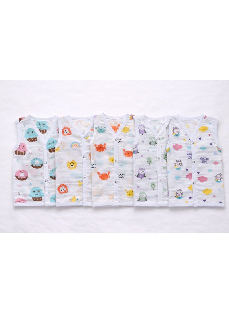 Pack of 5 - Baby Muslin Jabla Vest - Sleeveless Front Open Top, Soft Breathable Cotton - (3-6 Months) - Image 3